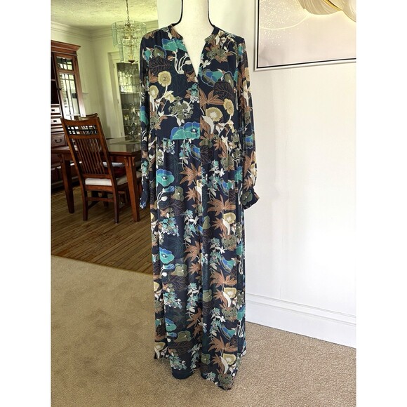 H&M Conscious Dresses & Skirts - H&M Conscious Collection Navy Floral Maxi Shirt Dress Sz 10 Flowy Boho
